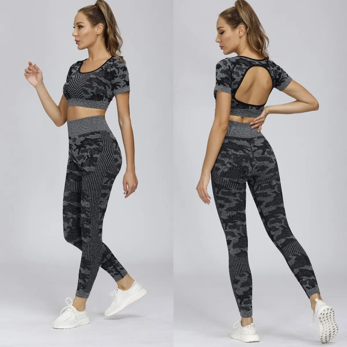 

2PCS Camouflage Yoga Sets Women Fitness Sport Suits Seamless Tracksuit Female Gym Long Sleeve Workout Leggings Shirt