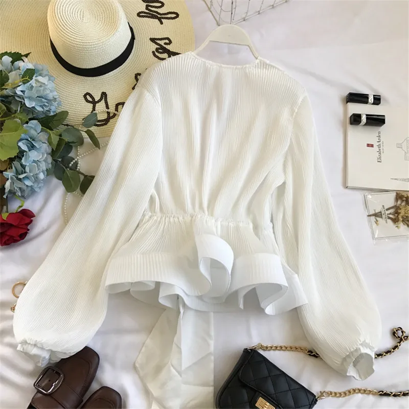 

Luck A Ruched Pleated Ruffles Blusa Sashes Vintage Grace Women Blouse Spring Autumn New Fashion Elegant V-Neck Shirt