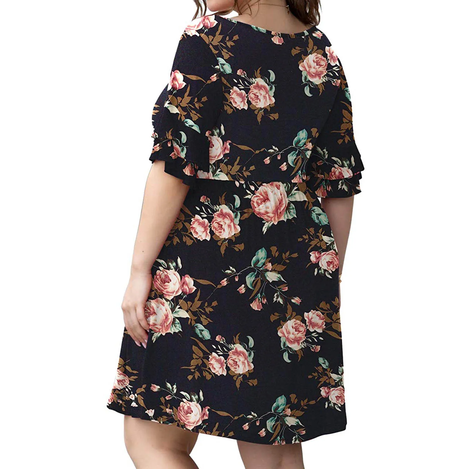 

38# Bohemian Floral Printed Butterfly Sleeve Dress For Woman Elegant O Neck Summer Dress Plus Size Pocket Pleated Mini Dresses