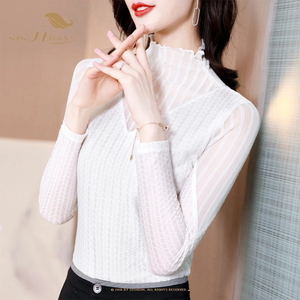

SISHION Autumn Women's Turtleneck Long Sleeve Plus Velvet Mesh Lace Top Blusas Ropa De Mujer VD2611