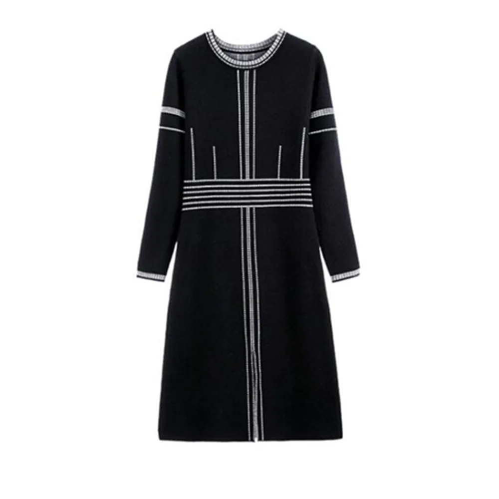 

2022 Fashion Women Knitted Long Dress Black Korean Style Office Lady Clothes Long Sleeve Sweater Dress Pockets Bodycon Knitwear