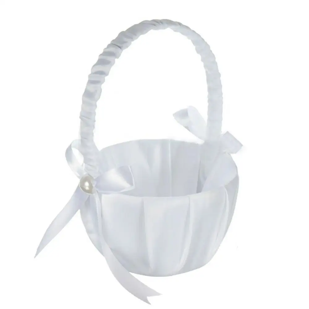 

Romantic Basket White Satin Bowknot Pearl Flower Girl Wedding Party Decoration