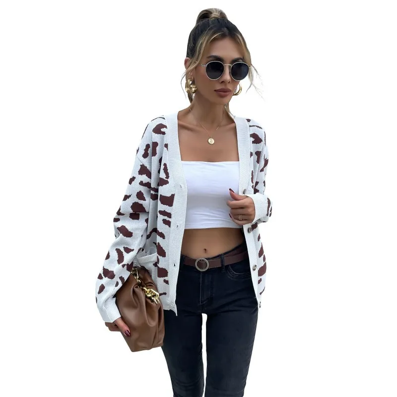 

LARCI Cardigan 2021 Autumn New Leopard Print V-neck Knitted Sweater Coat for Women