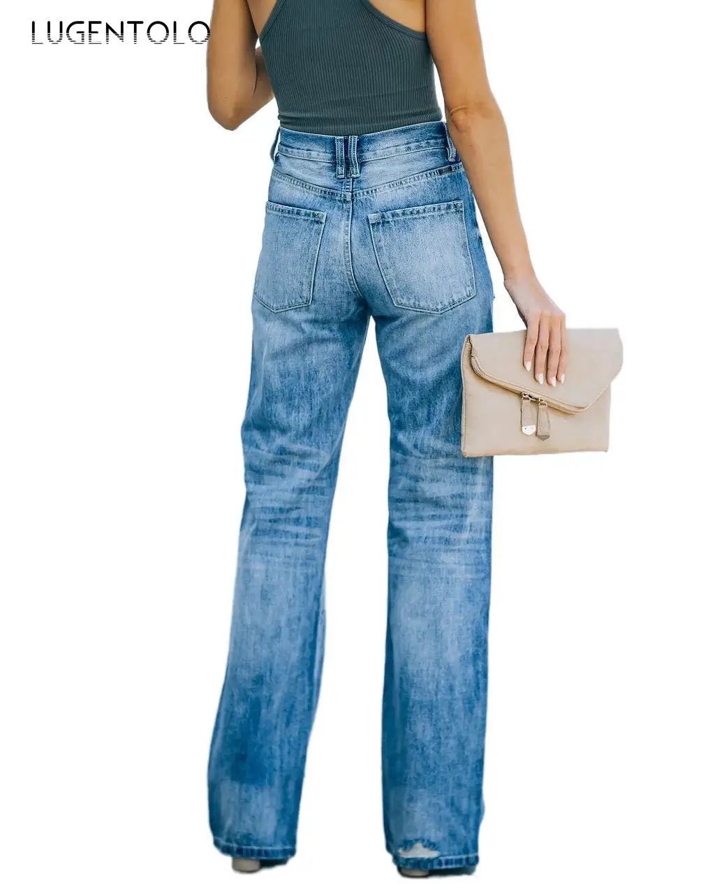 

Wide Leg Jeans Women Summer Spring Casual Mid Waist Fashion Ripped Female Washed Pocket Street Long Jeans Lugentolo