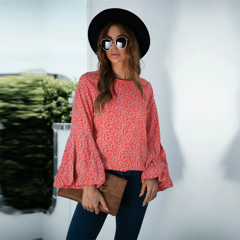 

Fashionable 2021 Women's Autumn New Big O Neck Puff Sleeve Floral Printed Top For Ladies Causal All Match Chic Blouses