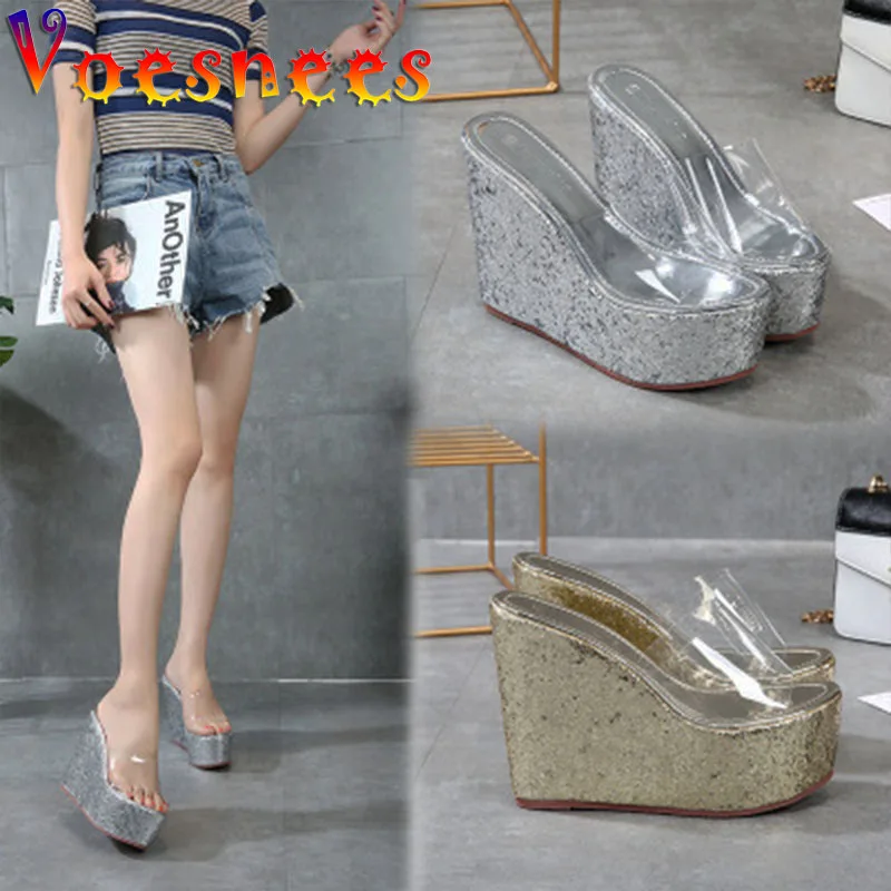 

Voesnees Women Slipper Fashion Sequin Wedges Sandals Shoes 2021 Summer New PVC Sexy Transparent Lady High-Heeled Shoes 12CM、14CM