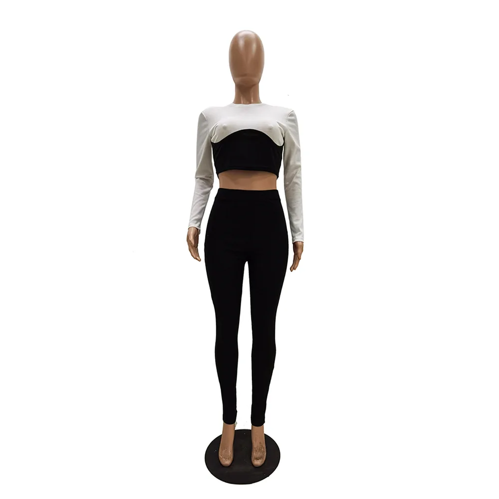 

Autumn Winter Women Two Piece Set Color Patchwork Long Sleeve Crop top + Pant Fitness Sportsuit Tracksuit Outfit