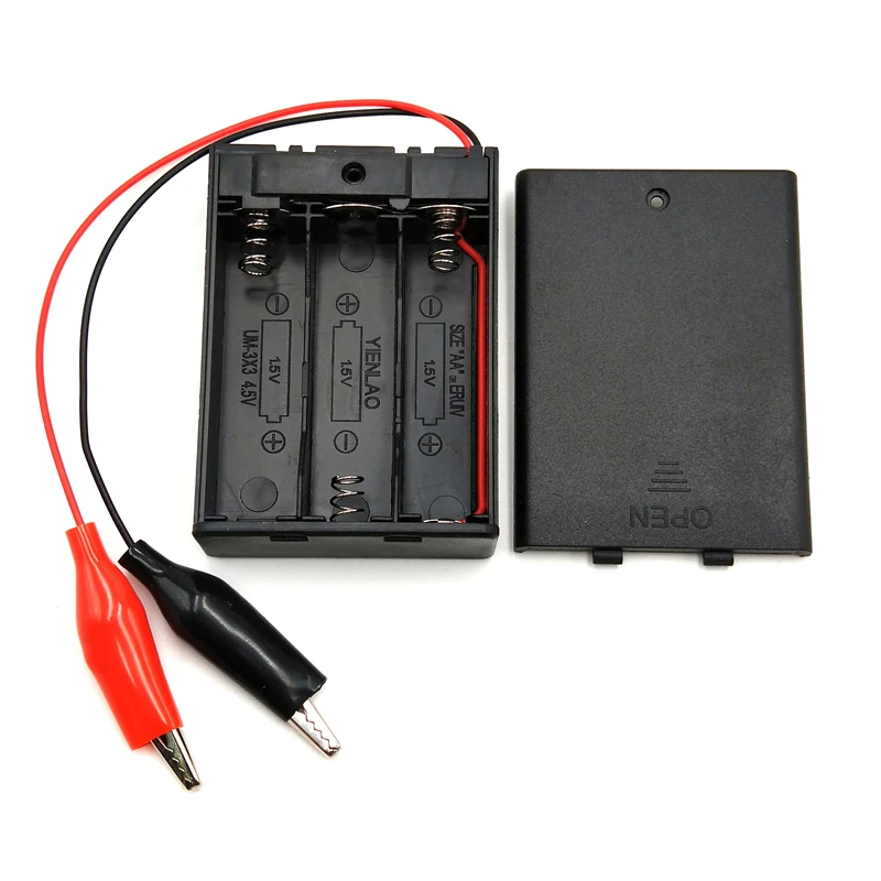 

3 x 1.5V AA Battery Plastic Holder With ON/OFF Switch Cover 3 Slots 4.5V AA Batteries Storage Box Case with Alligator Clips