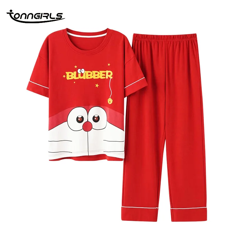 

Tonngirls Doraemon Pajama Set Summer Cotton High Quality Pyjamas Women Short Sleeve Pijamas Women Homewear Night Suit Sleepwear