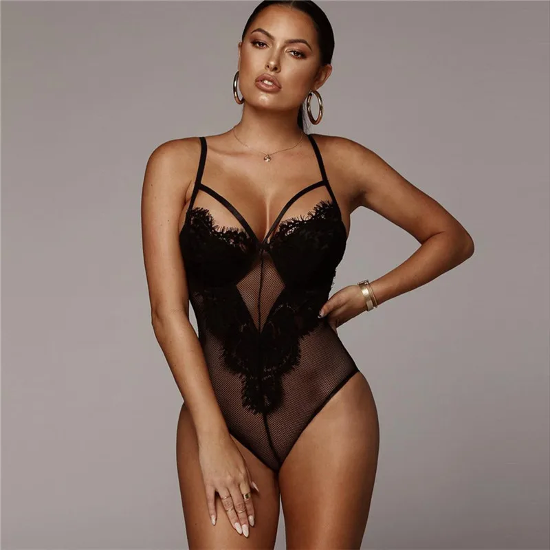 New Underwired White Mesh Lace Bodysuit Women 2020 Summer See Through Sexy Bodysuit Black Hollow Out Patchwork Mesh Body Mujer