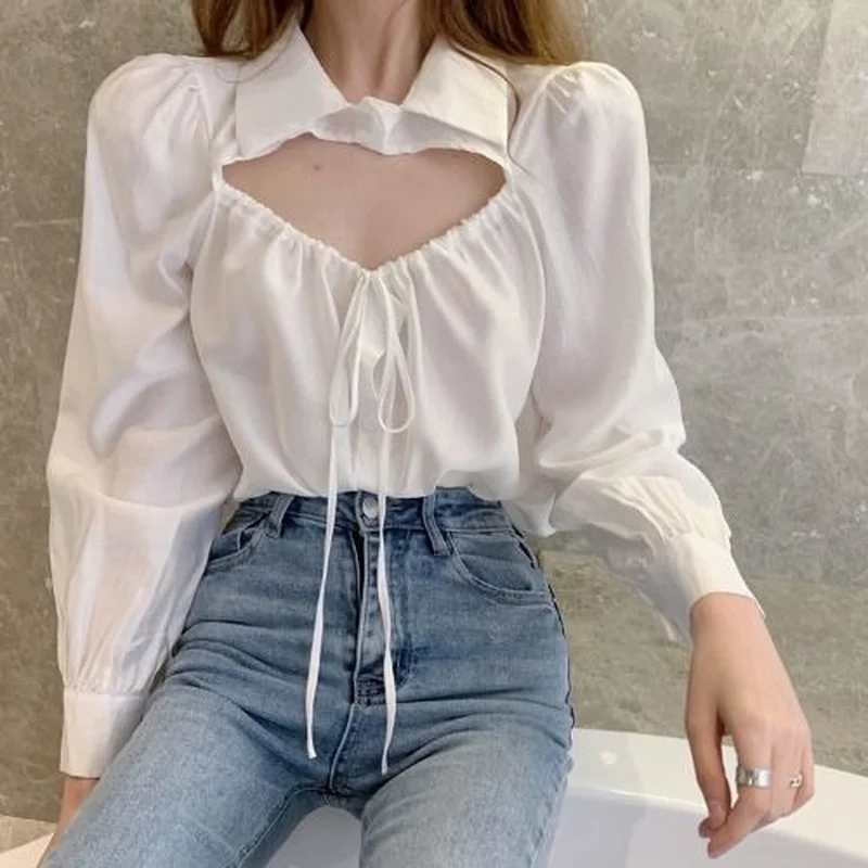 

Summer Designer White Chiffon Shirt Women Sweet Chic Hollow Out Bow Kawaii Blouse Female High Street Holiday Korean Tops 2021