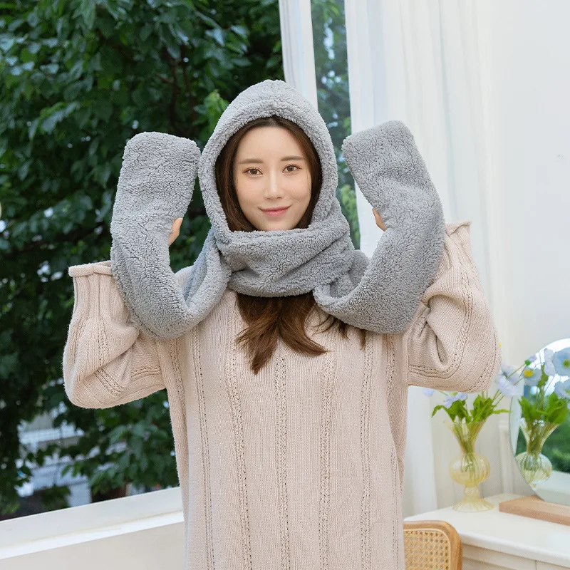 

Women Faux Lamb Wool Warm Hat Scarf Thicken Solid Color Outdoor Scarves With Hat Gloves Winter Girls Women's Fleece Caps