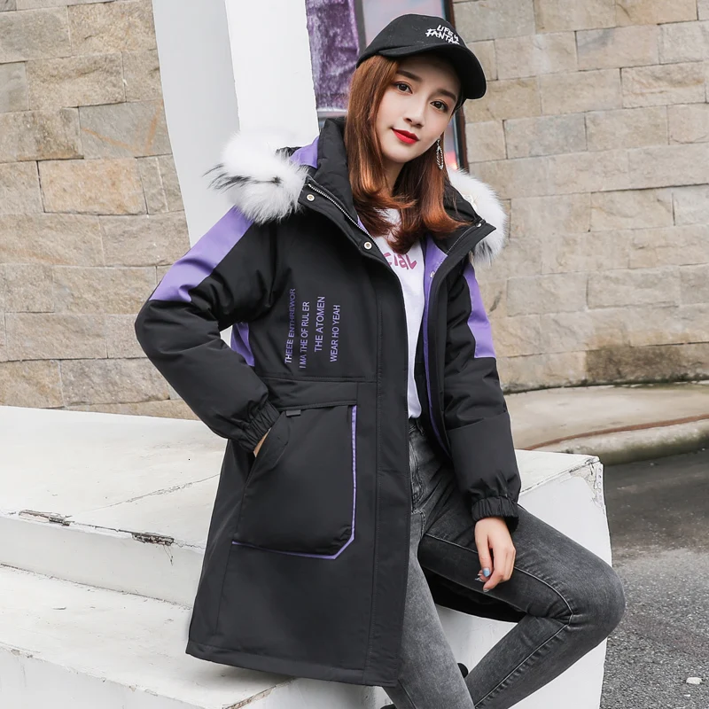 Loose Korean Winter Down Coat Women Puffer Long Female Warm Autumn Hooded Jacket For Girl Parka Feminina Coats Duck Outerwear - Color: black
