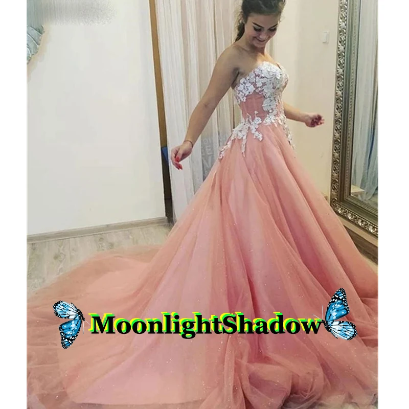 

Peach Tulle Aline Evening Dress White Appliques Strapless Corset Dubai Arabic Saudi Arabian Vestidos De Festa Prom Plus
