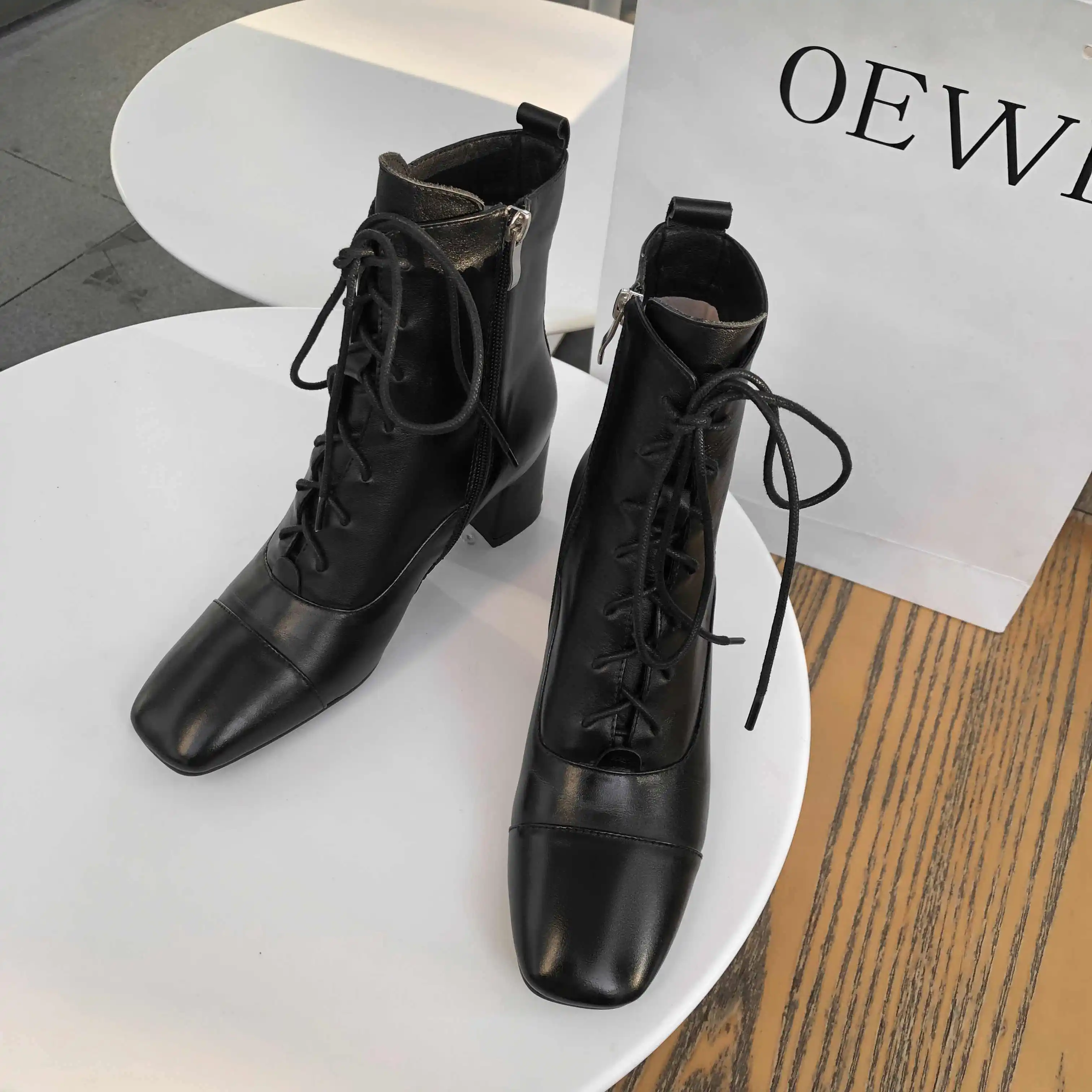 

Lenkisen solid cow leather lace up elegant ladies shoes square toe high heels winter daily wear keep warm women ankle boots L98