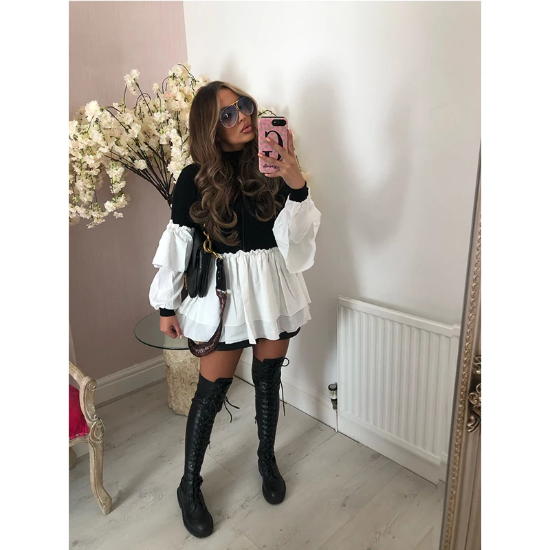 

Autumn Spring Women Blouse Rib Solid Ruffles Splicing Long Sleeve High-neck Blouse Shirt Sexy Clothes Turtleneck Elegant Shirts