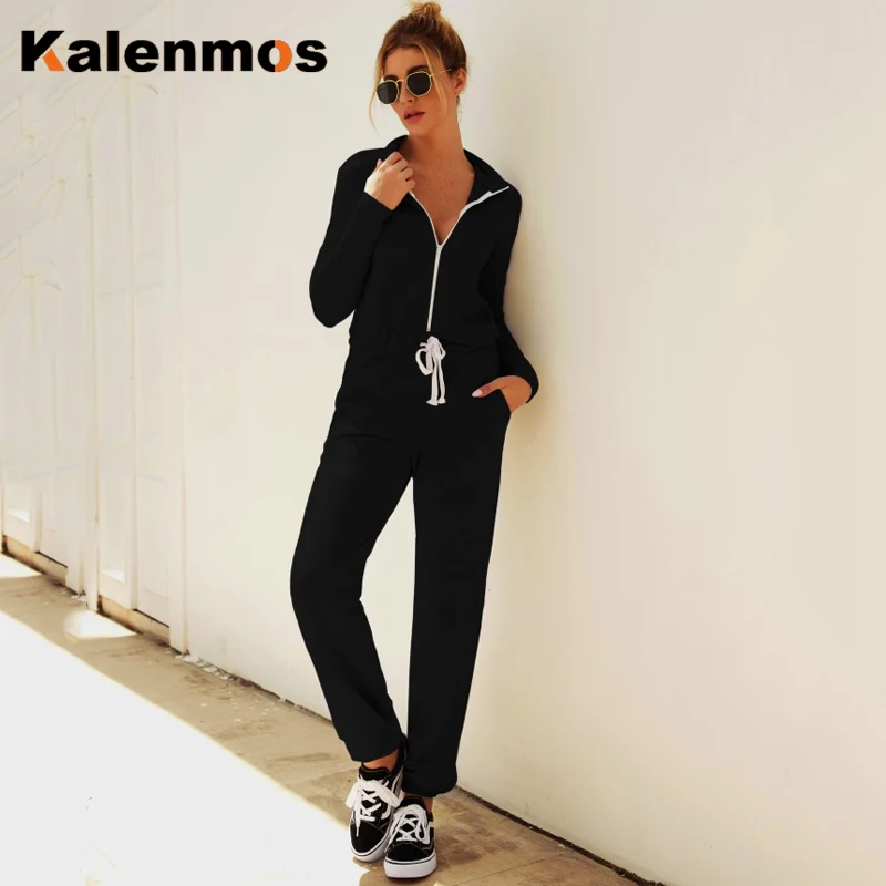 

KALENMOS Rompers Jumpsuit Zipper Women Autumn Winter Long Sleeve Solid Long Pants Bodysuit Leisure Sports Tracksuit Slim Ropa