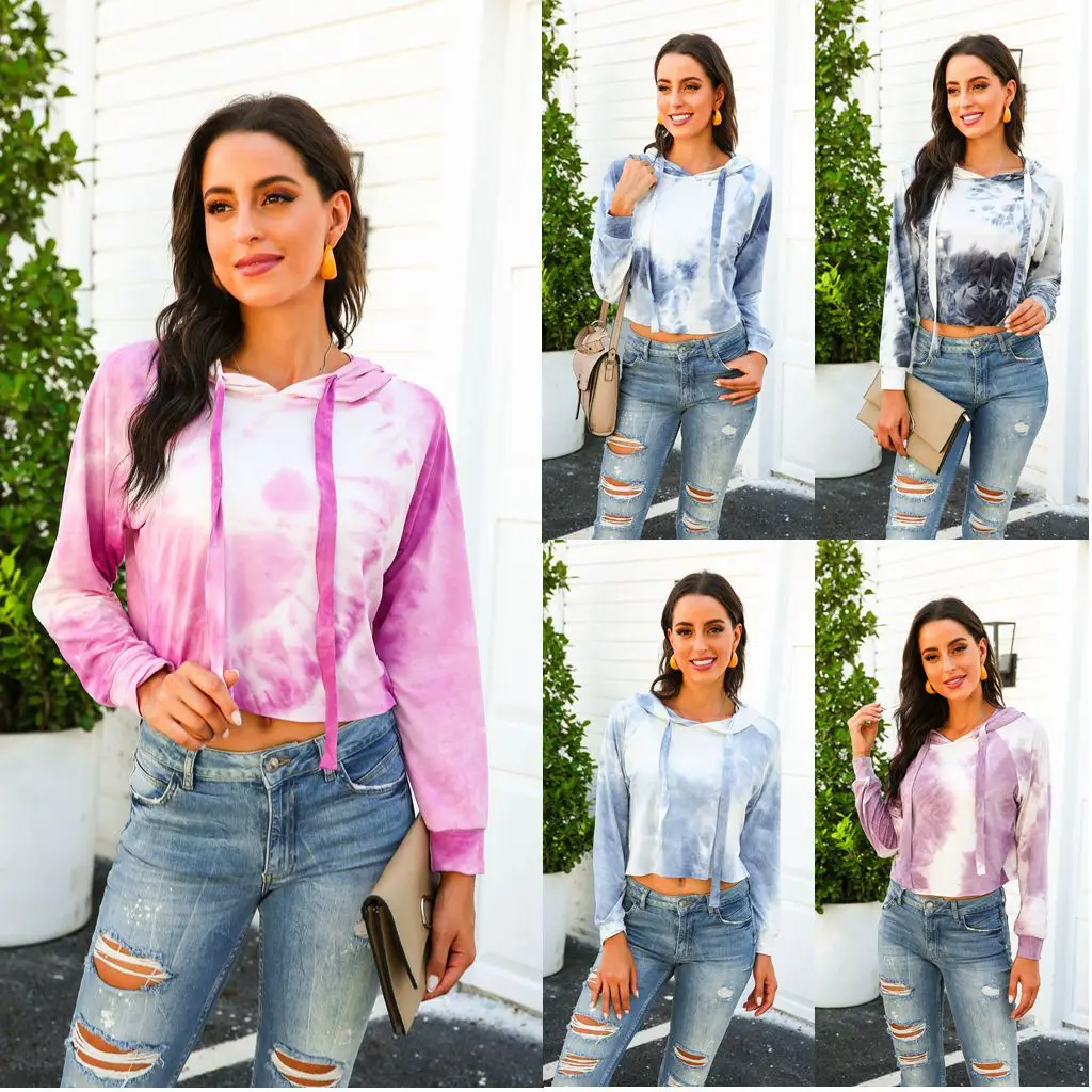 

Autumn Winter Fashion Women Tie-dye Printed long-sleeved hooded sweatshirt Casual loose pullover Tops