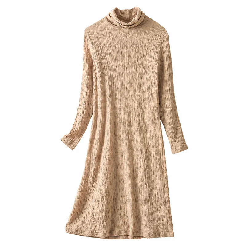 

New spring dress women's high collar solid color long sleeve medium length with slim fitting