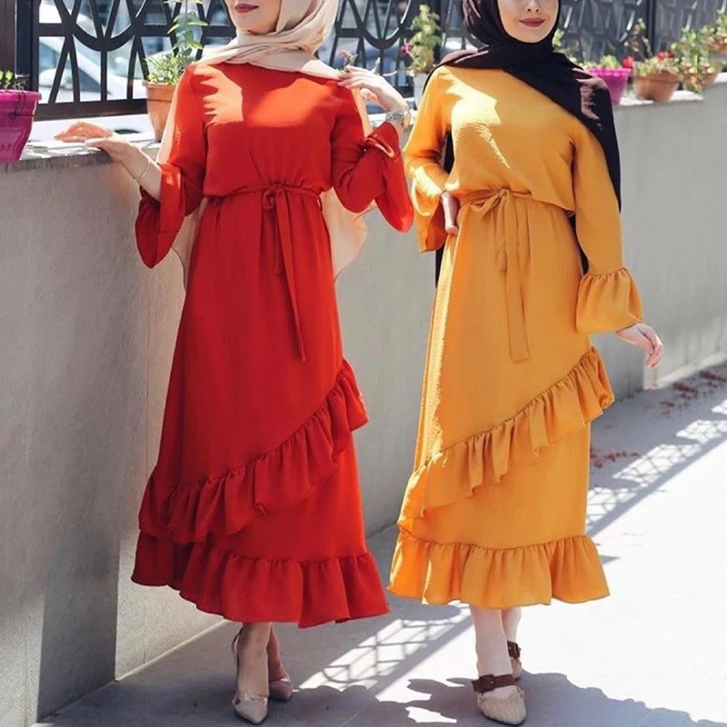 

Muslim Long Sleeve Robe Ruffle Dress Women Turkish Islamic Clothing Elegant Evening DressVetements Femme Musulmane Caftan Abaya