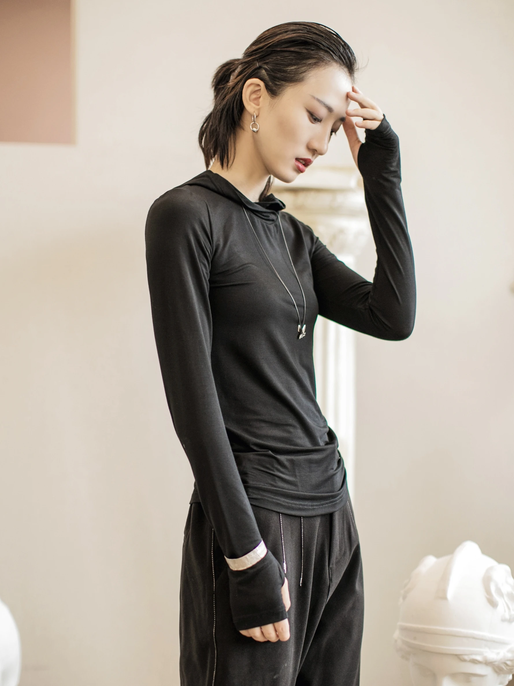 Женский сетчатый пуловер Cakucool черный хлопковый с длинными рукавами и высокой