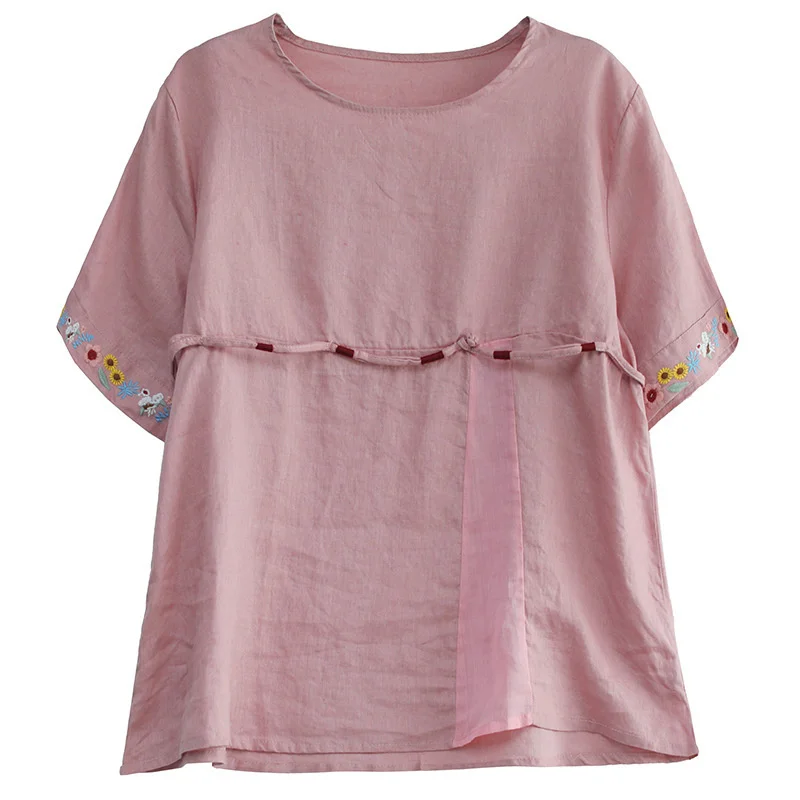 

Masss Wasss Korean 2021 Summer Fashion Women Pink Linen Blouses Ladies Casual Loose Shirts Vintage Short Sleeve Tops Plus Size