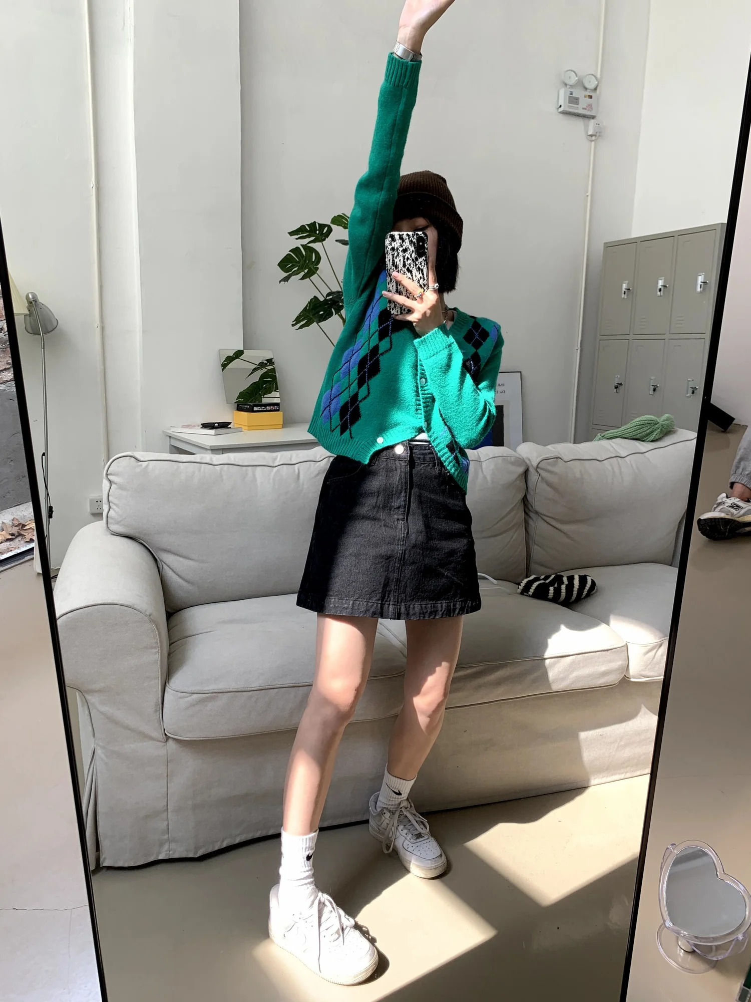 Зеленый ромбовидный вязаный кардиган пальто новый дизайн 2021 короткий