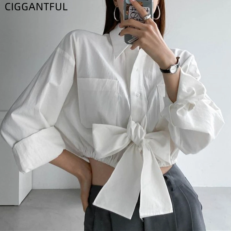 

Korean Chic Spring Autumn Lapel Check Bandage Waist Short Double Pocket Long Sleeve Shirt Blouse Women Fashion White Crop Top