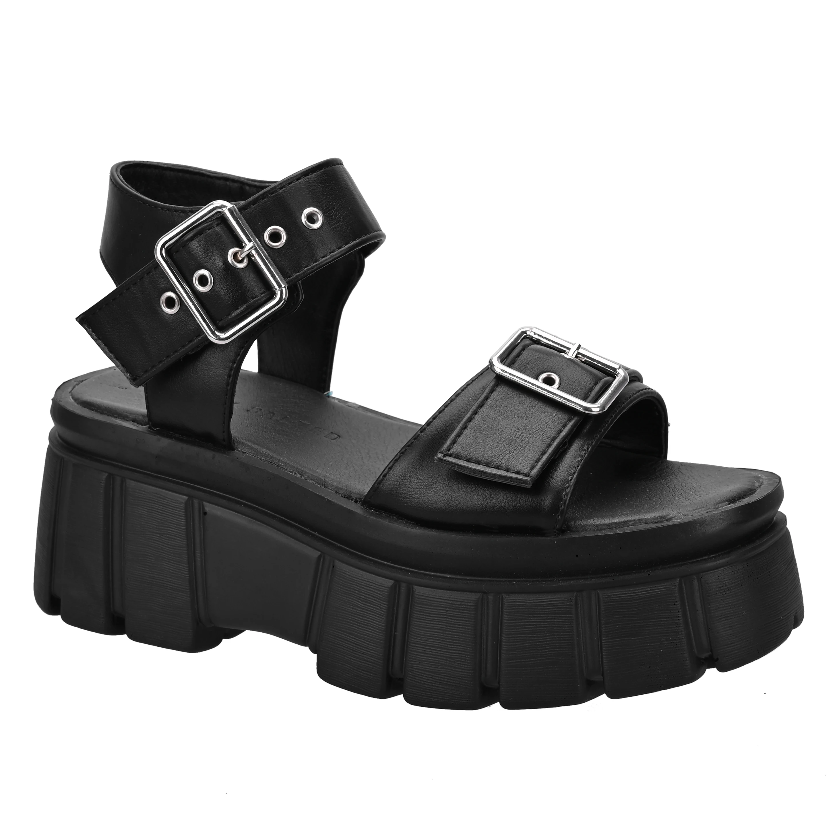 

Women's Double Buckle Universal Open Toe Ankle Strap Platform Wedge Sandals In Black