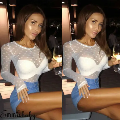 Сексуальный Модный Новый женский прозрачный сетчатый топ в горошек футболка