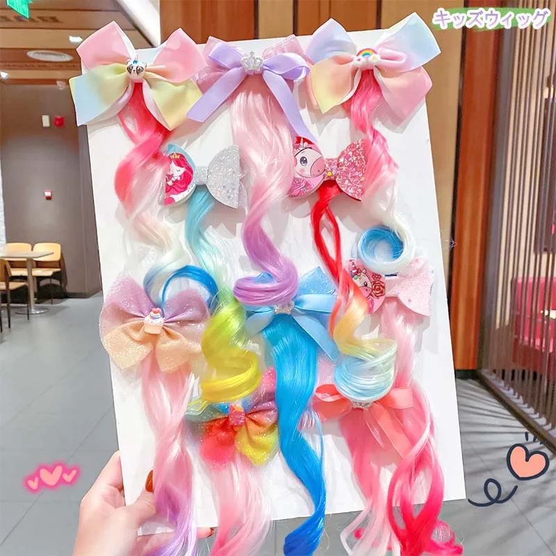 

Colorful BowKnot Wig Hairpin Rainbow Lovely Child Girls Hair Clip Kids Cute Barrette Cartoon Extension Braider Hair Accessories