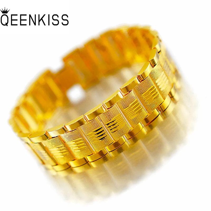 

QEENKISS BT5129 Fine Jewelry Wholesale Fashion Hot Man Boy Father Birthday Wedding Gift Wide 18mm 24KT Gold Watch Chain Bracelet