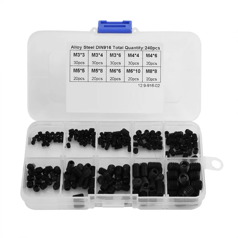 240Pcs/Set Socket Screw Allen Head Hex Set Grub Assortment Kit With Box DIN916 M3-M8 parafusos wood screws Hot Sale | Обустройство
