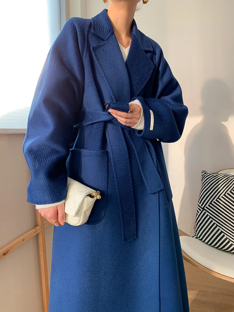 

New Arrival 2021Women Wool Coat Thick Woolen Outerwear Blue Fashion Double-Breasted Coat Girls Wool Outerwear