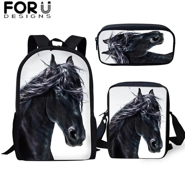 FORUDESIGNS/3 шт./компл. школьная сумка для мальчиков и для девочек-подростков; Friesian рюкзаки с рисунком лошади студент красивый вороной конь рюкзак для путешествий - Цвет: CDGX1495CEK