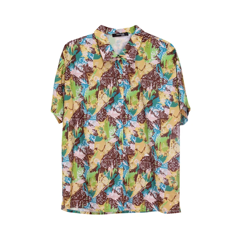 

Korejepo Women Shirts 2021 Summer Japanese Retro Thin Hawaiian Baroque Art Loose Vintage Short-Sleeved Oil Painting Print Blouse