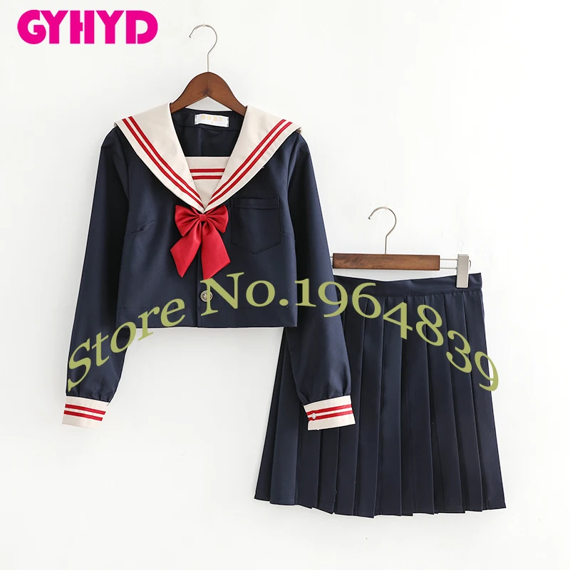 Long Sleeve Set Новое поступление хаки воротник моряка костюм Школьная форма JK школьная Униформа s для девочек, темно-синяя рубашка и юбка костюмы Студенческая Косплэй - Цвет: Long Sleeve Set