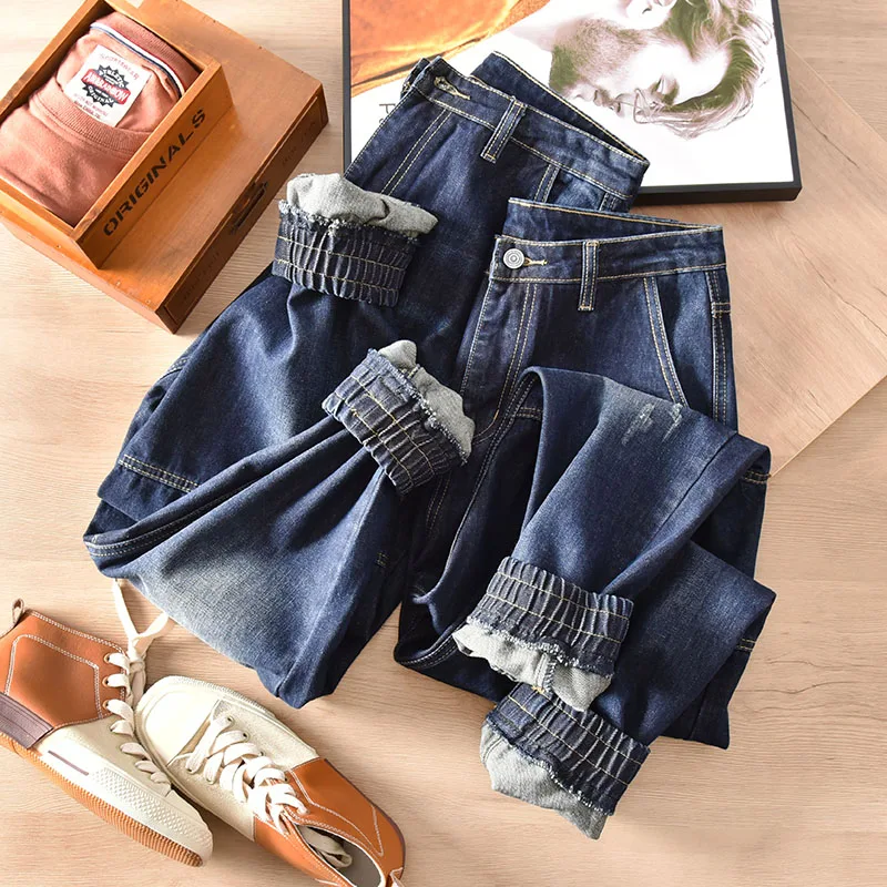 Autumn and Winter Texture Stretch Washed Ankle-Tied Jeans Men All -Matching Scratch Loose Casual Pants Fashion