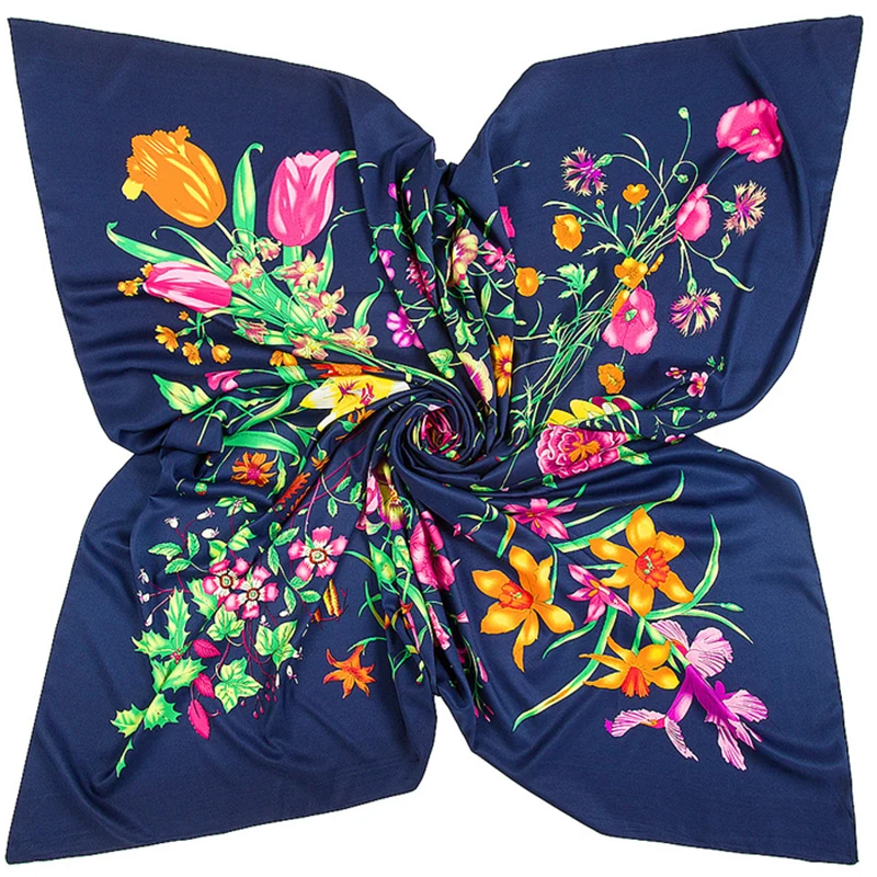 

130*130cm Twill Silk Scarf Floral Square Hijab Scarf Women Bandana Shawls Luxury Brand Foulard Scarves Wraps For Women Echarpe