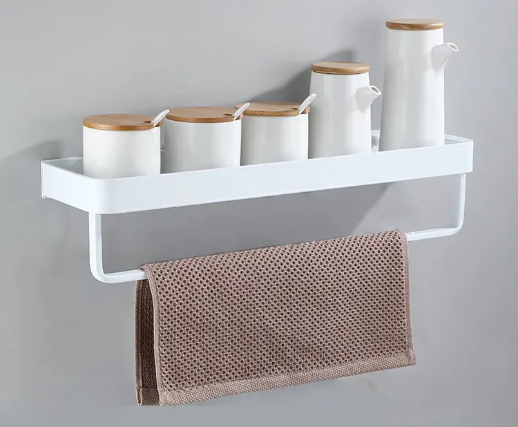 

White Kitchen Storage Rack Shelf Spice Bottle Rack Space Aluminum Multi-function Shelf Towel Bar Hook