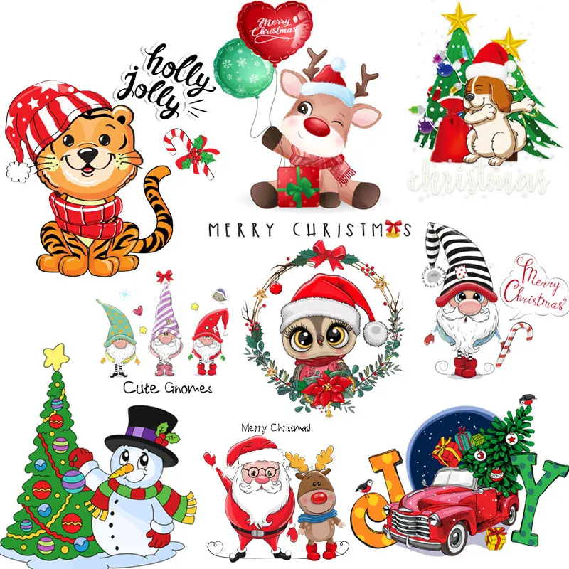 

2021 New Christmas Patch Badge Cute Gnomes Tiger Deer Dog Santa Claus Thermo Stickers Iron on Transfers for Clothing Car Patches