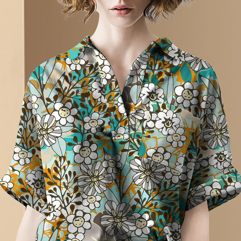 

Camicia Mujer Vintage Fashion Printed Floral Blouses Womens Summer Short Sleeve Elegant Shirts Office Lady Plus Size Loose Tops