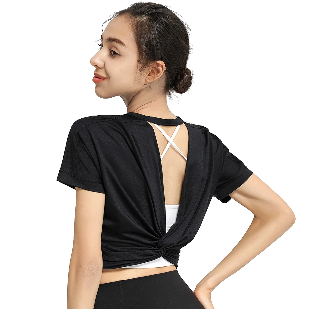 Yoga Shirts Woman Sport Blouse Nylon Breathable Solid Loose Tie a knot Gym Jogging Yoga Workout Short  Blouse Sleeve T-Shirt