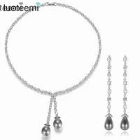 luoteemi full cubic zircon gray pearl jewelry set for women parures bijoux long pendat necklace earring wedding bridal accessory