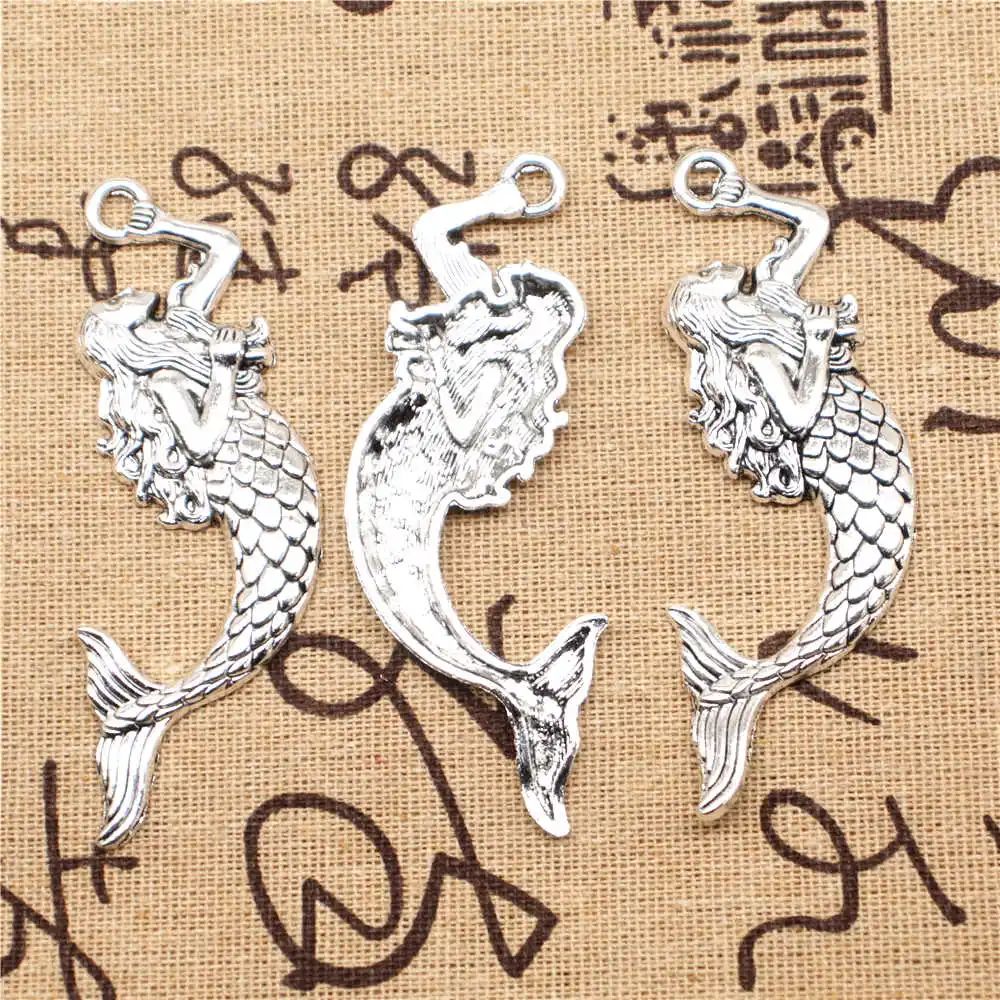 

Mermaid Charms Supplies For Jewelry Making Kit Antique Silver Color 4pcs 27x75mm