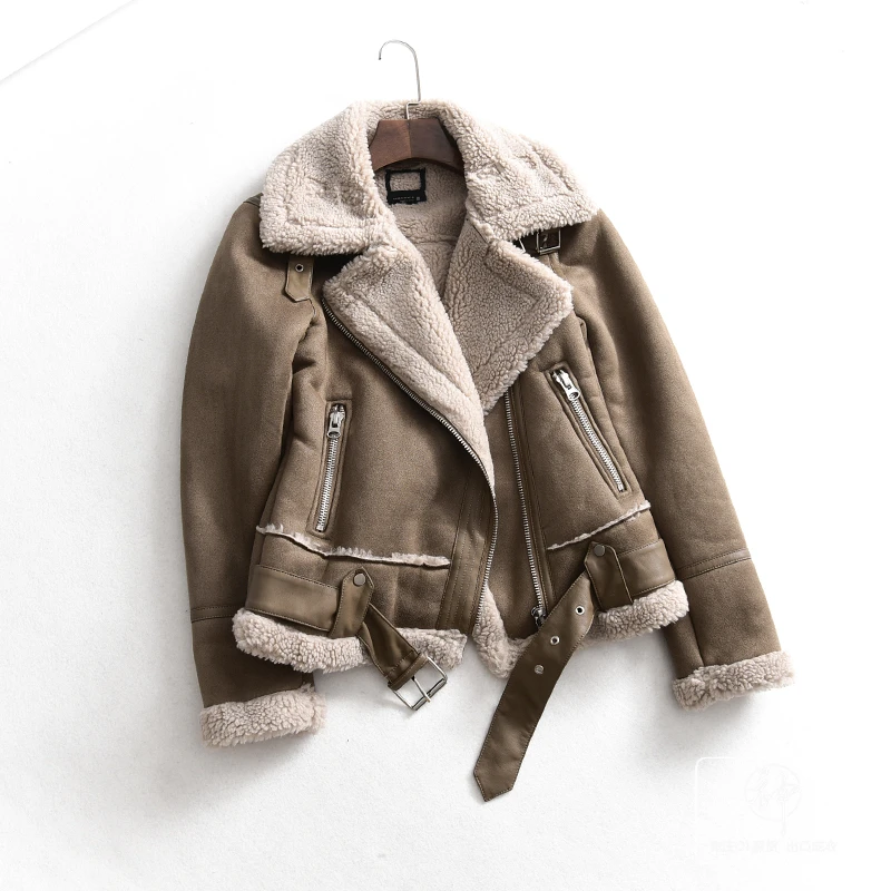belted khaki Lxunyi осень зима замшевая куртка повседневное с длинным рукавом пряжкой толстые теплые на молнии Короткие овечьей шерсти замшевое пальто женские - Цвет: belted khaki