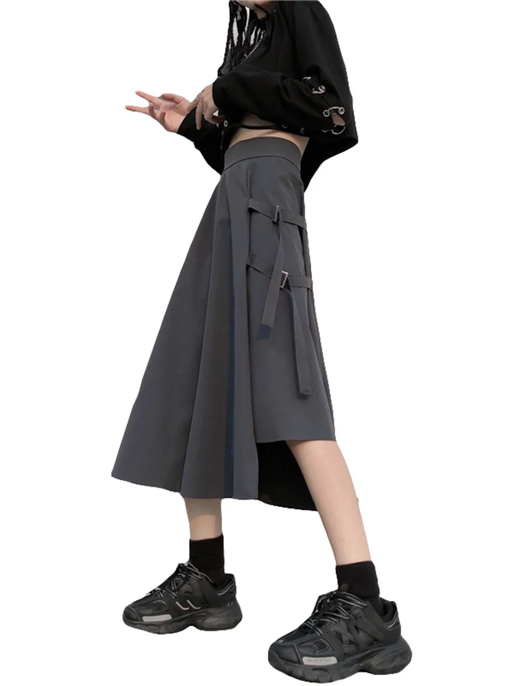

2021 SpringPunk Girl Gothic Skirt Women Sexy Buckles A-line Grey Pleated Skirt Cool Autumn Fashion High Waist Mid Length Skirts