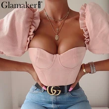 Glamaker, винтажная, с открытыми плечами, сексуальная короткая блузка, для женщин, с пышными рукавами, с оборками, Элегантная блузка, для женщин, Осень-зима, вечерние, сексуальный топ