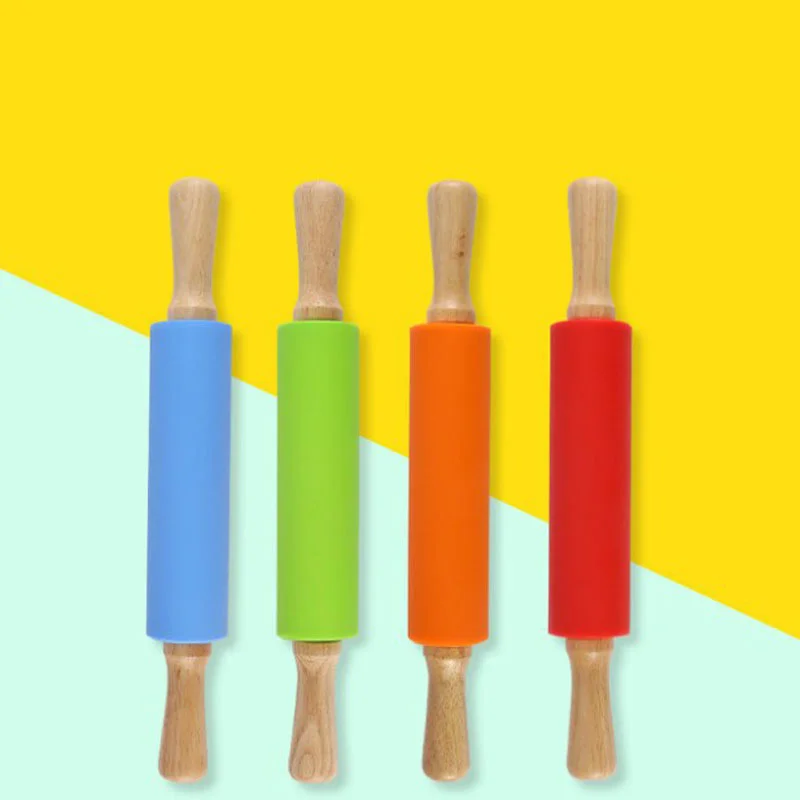 

Non-Stick Soild Wooden Handle Silicone Rolling Pin Pastry Dough Flour Roller Household Kitchen Baking Cooking Gadgets