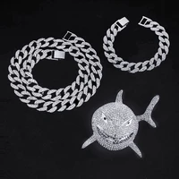 hip hop rock hip hop prong 12mm cuban chain shark pendant necklace iced out watch rhinestone rapper cz bling for men jewelry set